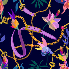 Foto auf Acrylglas Blumen- und Juwelenmuster Nahtloses Vektormuster mit tropischen Motiven.  © svetlanakononov7