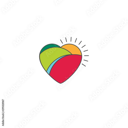 Countryside in shape of heart. Sun with hills and river. Love of landscape. Logo or icon vector design template