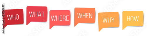 WHO WHAT WHERE WHEN WHY HOW 5W1H questions speech bubbles isolated on white background. vector design elements. photo