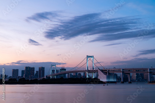 Beautiful evening at Odaiba, Tokyo facing the sea. Vibrant sky during sunset.