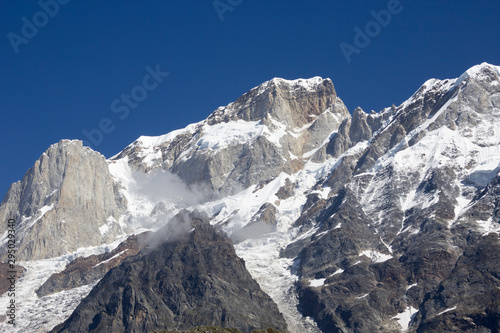 Landscape with snow mountains. Travel, alpinism concept. Copy space