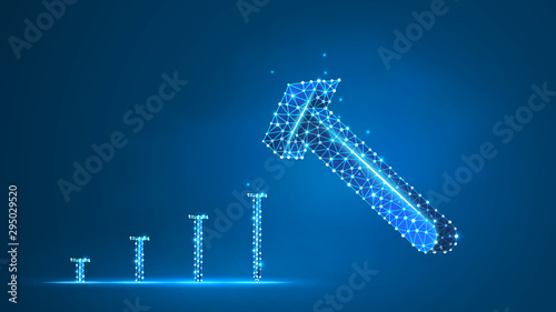 Hammer a nail in the floor. Working process, worker instrument, labor day concept. Abstract, digital, wireframe, low poly mesh, Raster blue neon 3d illustration. Triangle, line, dot