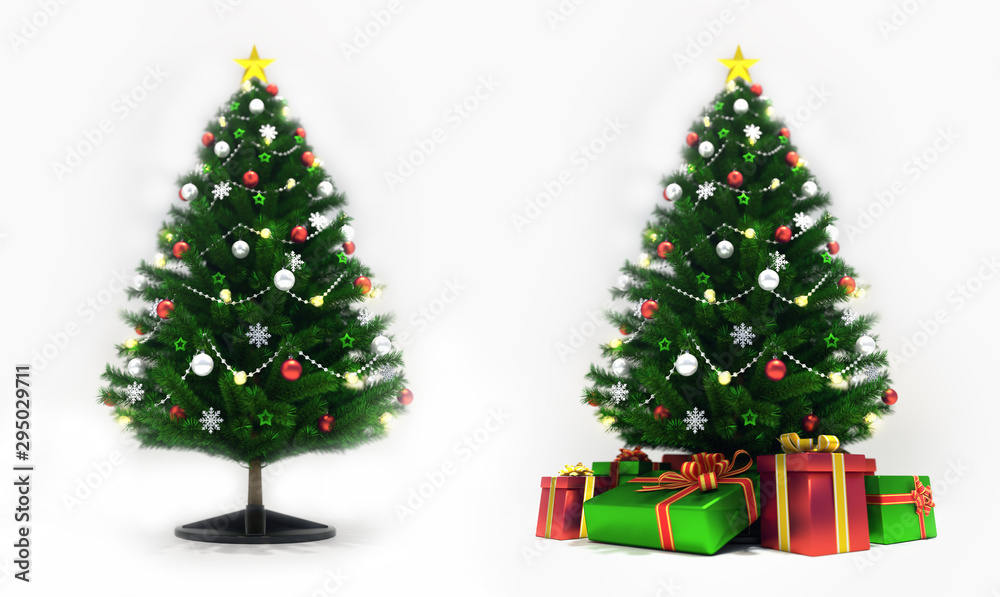 Decorated xmas trees isolated on white, front view, christmas holiday 3D illustration background