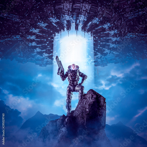 Fototapeta Naklejka Na Ścianę i Meble -  Daughter of the new dawn / 3D illustration of science fiction scene showing female military astronaut on mountain top with giant alien space ship