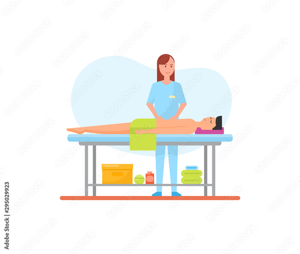 Massage therapy abdominal belly care done by specialist masseuse, isolated icon. Man relaxing on table, woman rubbing client with oils lotions vector