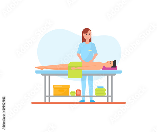 Massage therapy abdominal belly care done by specialist masseuse, isolated icon. Man relaxing on table, woman rubbing client with oils lotions vector