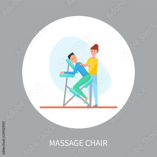 Massage chair in cartoon style isolated vector in circle. Masseuse in uniform massaging client sitting in special armchair relaxed, therapist and client