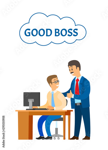 Good boss company leader supervising new office worker vector. Director satisfied with novice working on personal computer. Encouragement of employee
