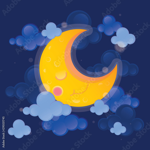 Cute character vector illustration. Moon and cloud on dark sky background.