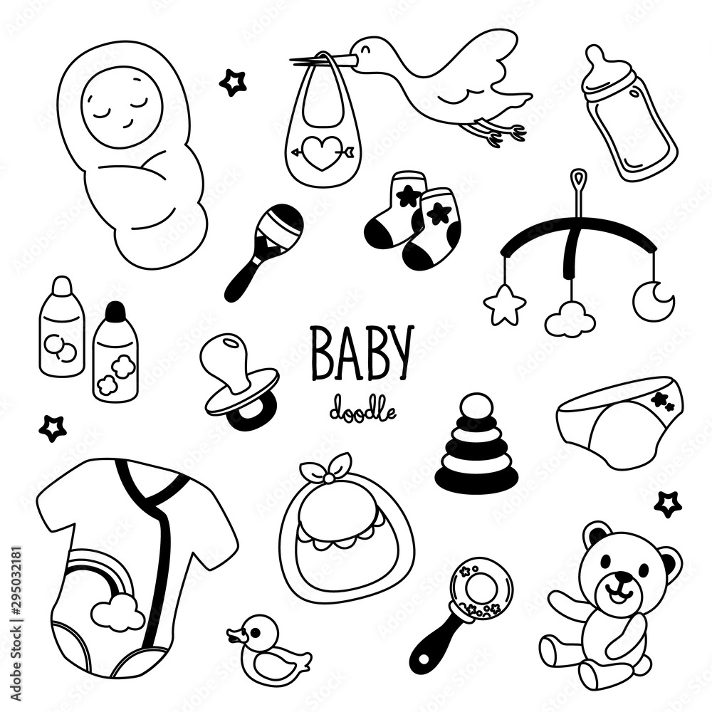 Hand drawing styles baby items. Baby doodle. Stock Vector | Adobe Stock