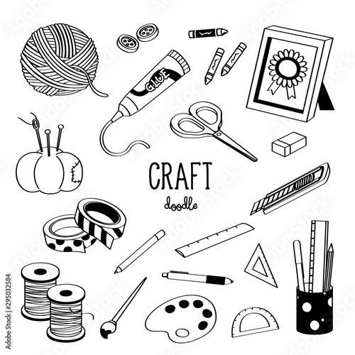 Hand drawing styles with craft equipment. Doodle hand craft.