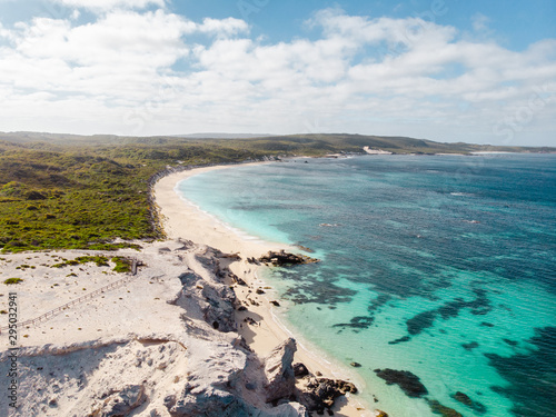 Aerial drone landscape of Hamlin Bay, Western Australia. Paradise like waters with jagged rocks surrounding the perfect beach. 