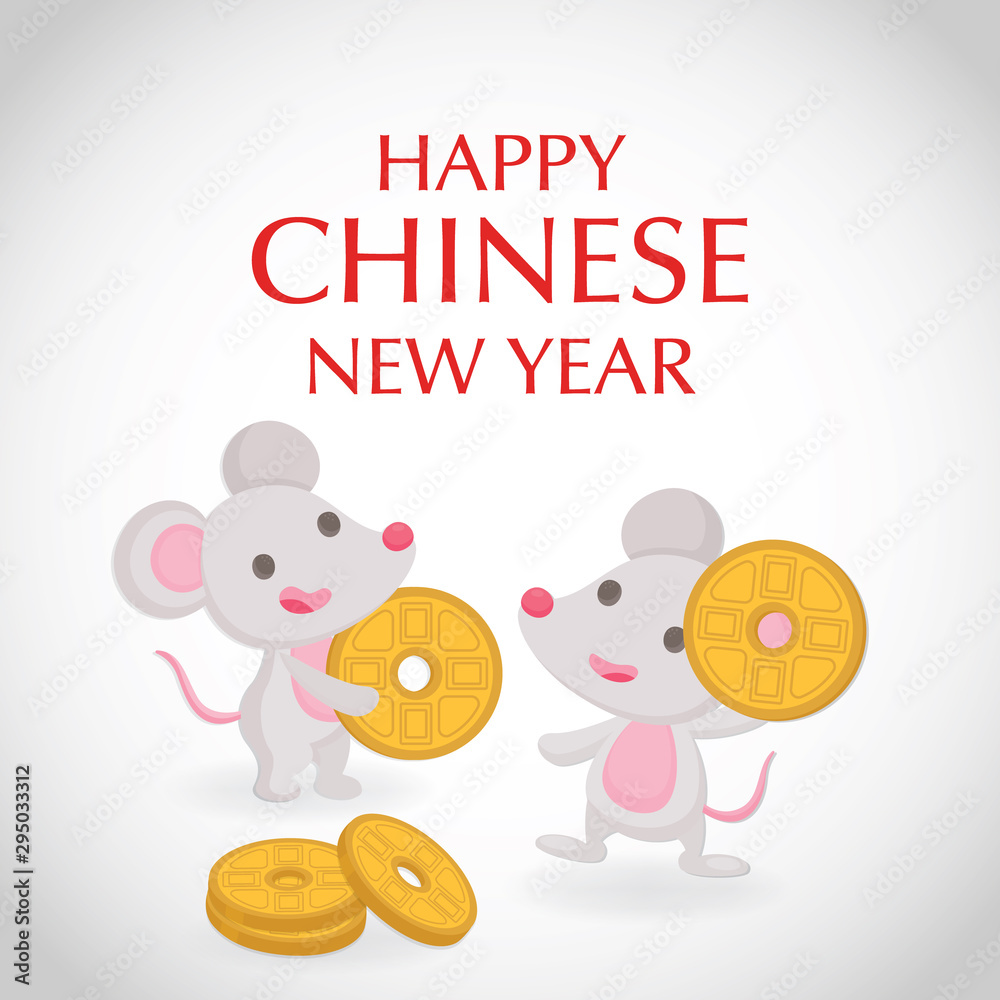 Two little rats with golden coin on white background. Happy chinese new year greeting card. Two little rats with golden coin on white background. Happy chinese new year greeting card.