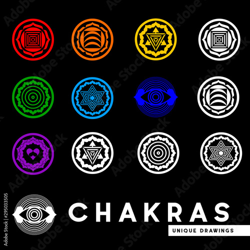 Chakras. Unique drawing. collection of Chakras set. I drew them by hand. All symbols are in vector.