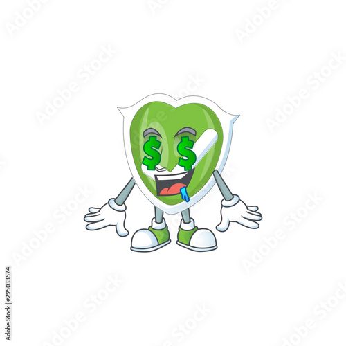 Money eye checkmark shield character on white background.