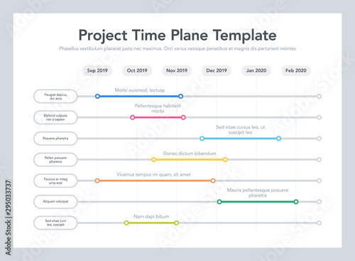 Business project time plan template with project tasks in time intervals. Easy to use for your website or presentation.