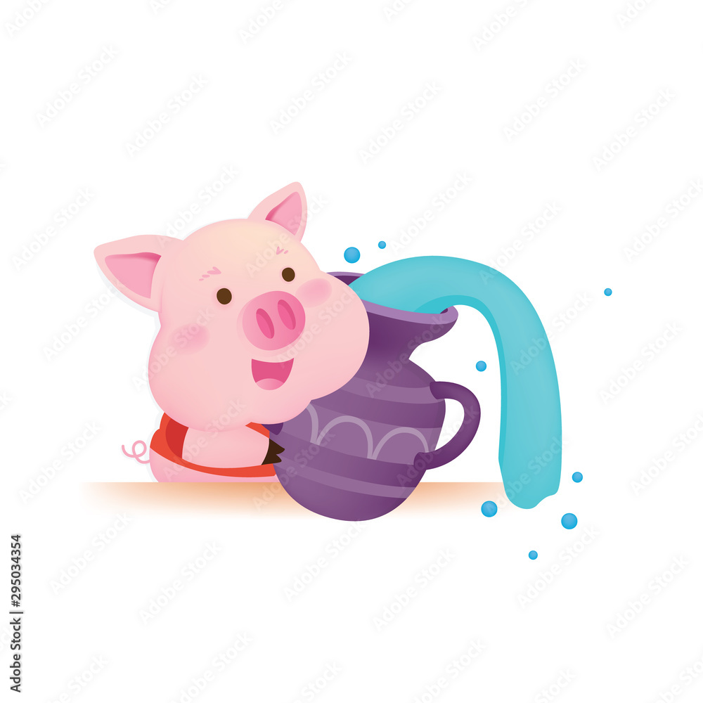 Cute pig pouring water from jar. Character design.