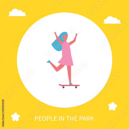 Girl riding on skateboard in park vector icon isolated cartoon character. Single lady with long hair in dress and sneakers skateboarding with hands up