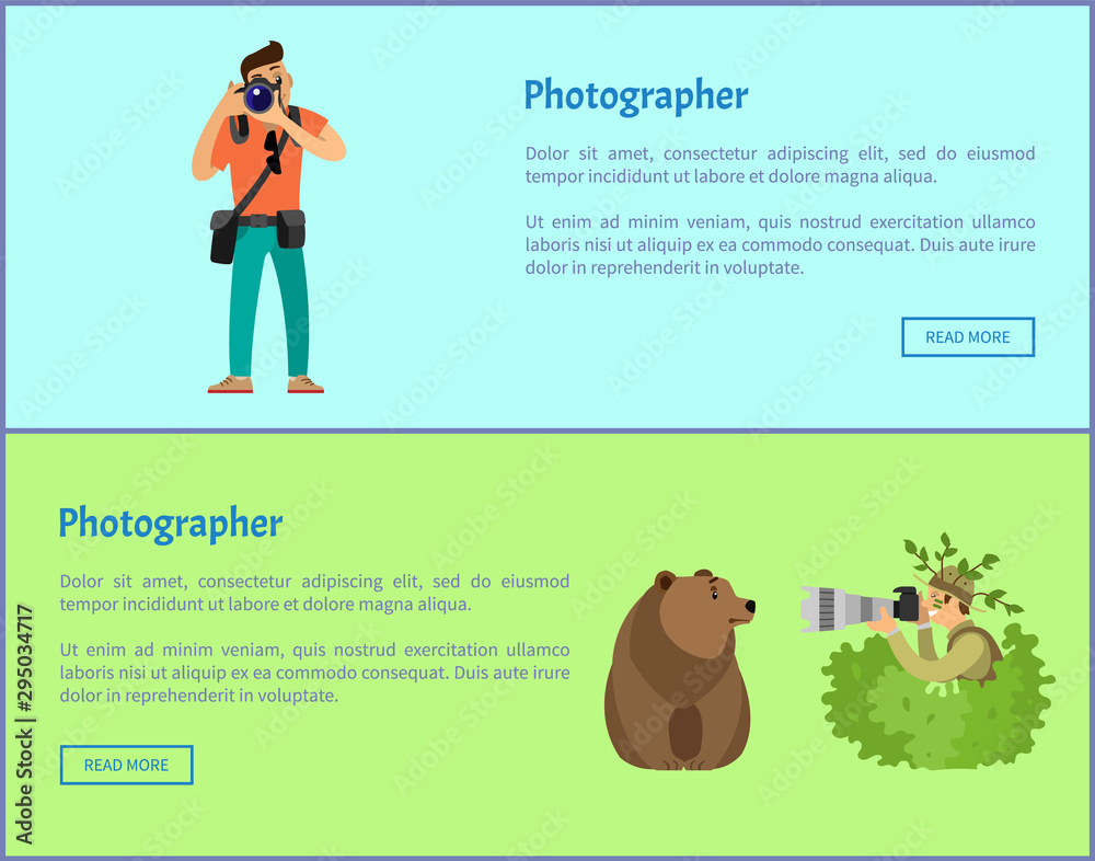 Fototapeta premium Photographer services Internet promo banners. Guy with photo camera, man taking photo of grizzly bear from bush in camouflage vector illustrations.