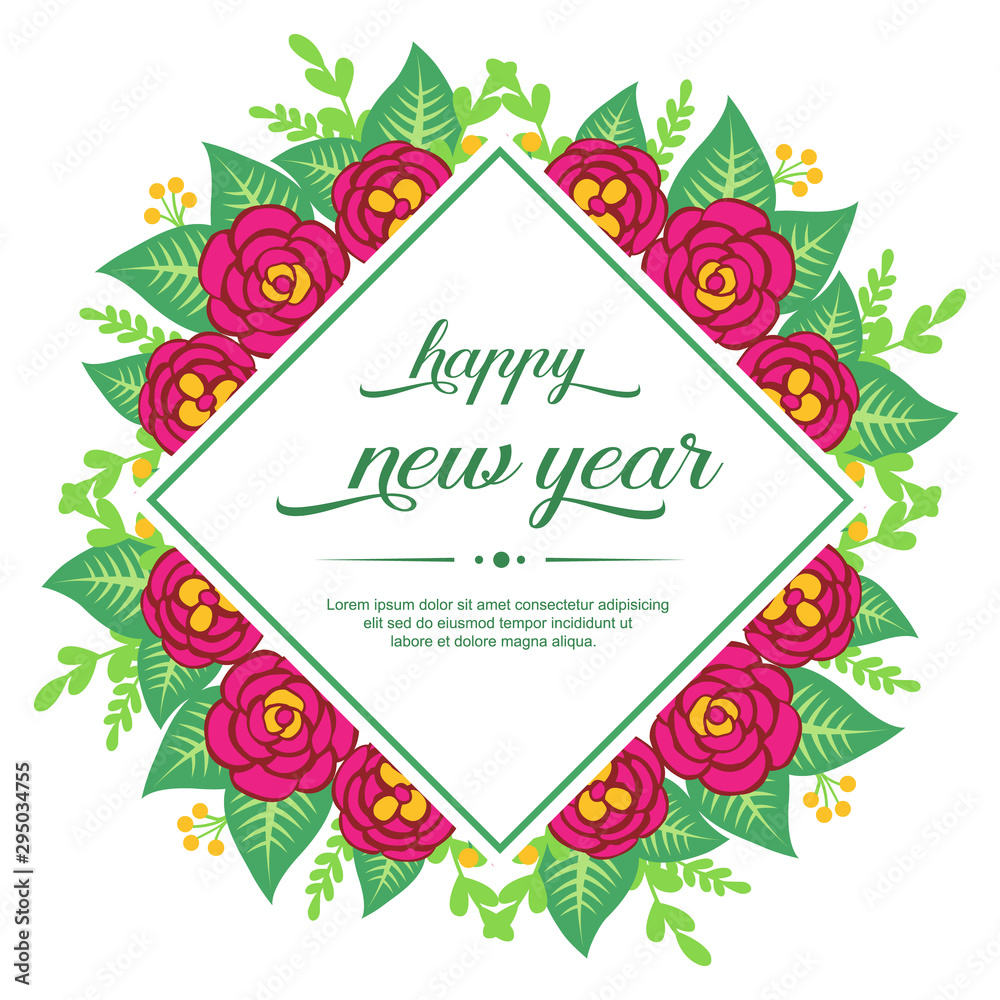 Design ornament of pink rose wreath frame, for template of card happy new year. Vector
