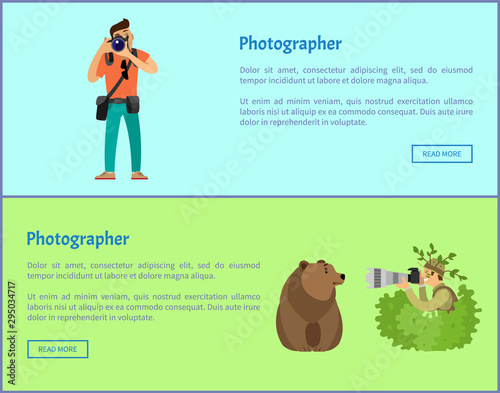 Photographer services Internet promo banners. Guy with photo camera, man taking photo of grizzly bear from bush in camouflage vector illustrations.