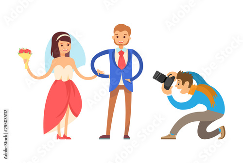 Bride and groom and professional photographer vector isolated. Man in blue jacket and woman in engagement red dress. Happy couple on wedding ceremony
