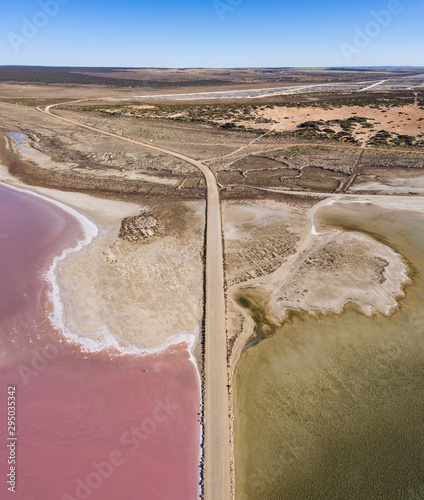 Aerial view of Lake MacDonnell, a naturally occuring pink salt lake located near Penong in South Australia photo