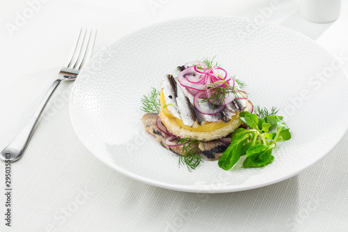 Appetizer food, salted herring, butter and red onion on white plate. Selective focus. Horizontal view from above, top shot. White background.