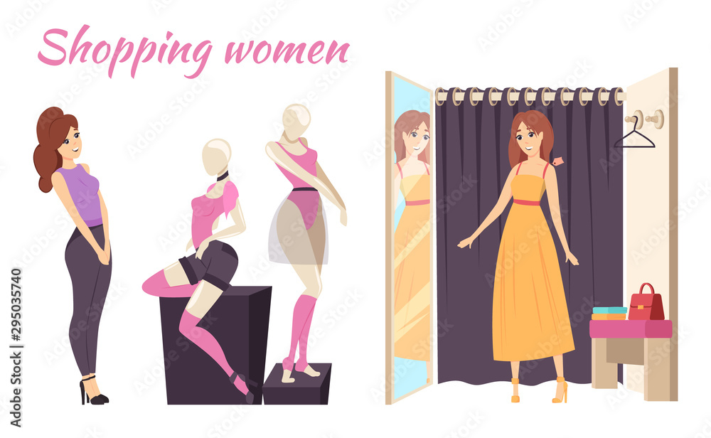 Shopping women, mannequins with underwear and dress. Poster with lady in changing room trying on dress. Buying items and clothes isolated set vector