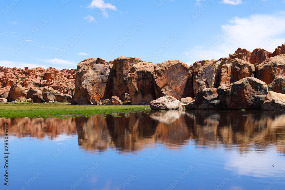 Laguna Negra, a marvelous lagoon where llamas graze situated among the corrugations of the rocks of the Bolivian plateau. Landscape of the Bolivian highlands. 