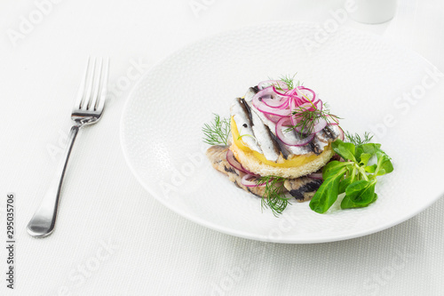 Appetizer food, salted herring, butter and red onion on white plate. Selective focus. Horizontal view from above, top shot. White background.