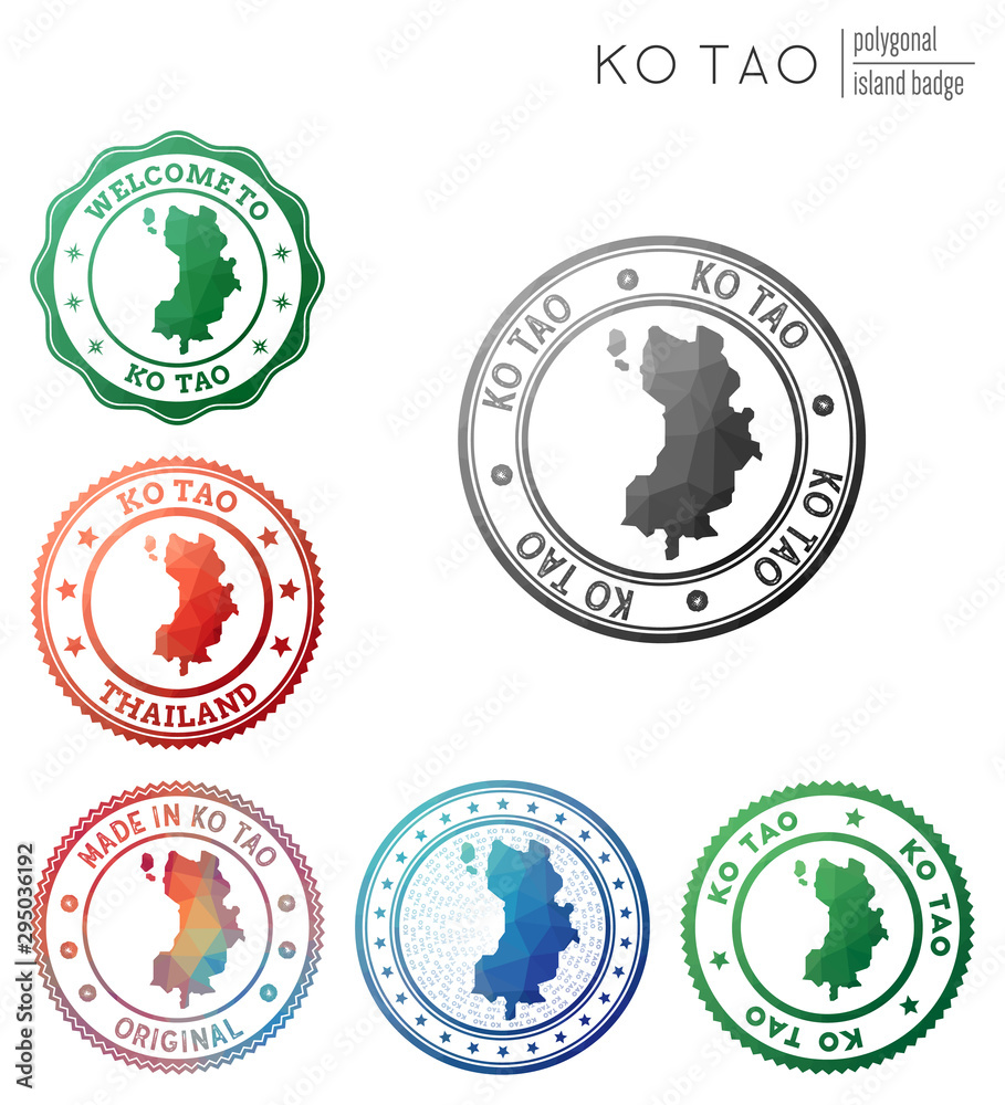 Ko Tao badge. Colorful polygonal island symbol. Multicolored geometric Ko Tao logos set. Vector illustration.