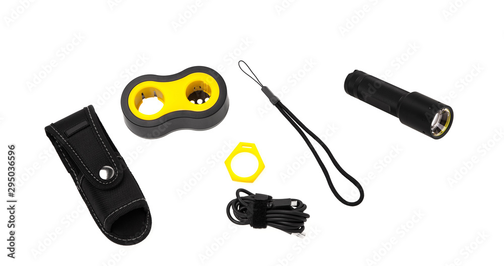 modern black metal flashlight isolated on white modern black metal flashlight isolated on white