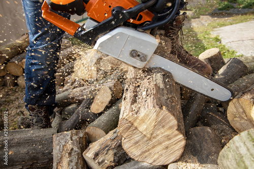 Chainsaw in action cutting wood. Man cutting wood with saw, dust and movements. Chainsaw. Close-up of woodcutter sawing chain saw in motion, sawdust fly to sides.