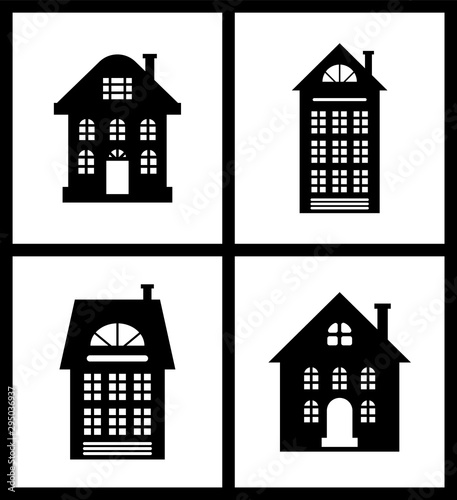 Building old fashioned houses silhouettes set vector. Cut out of homes, urban construction in vintage flat style. Colorless isolated icons of estates