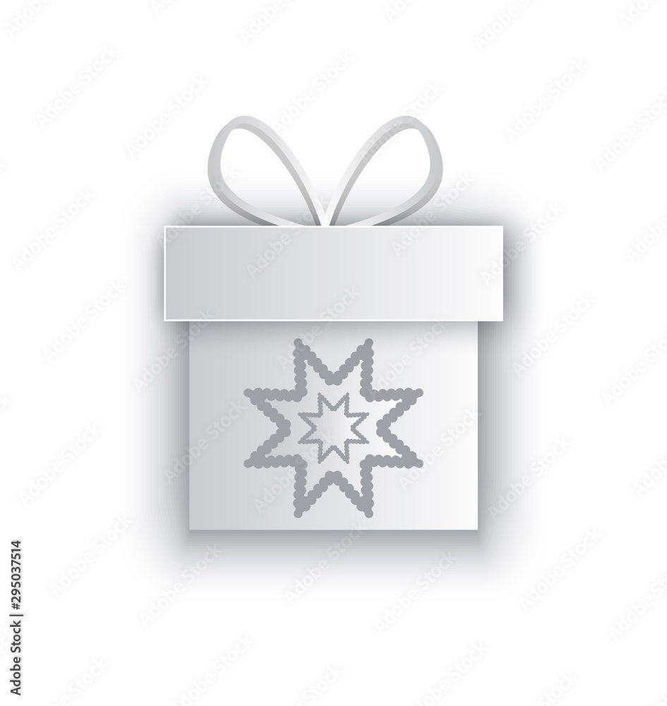 Paper cut out box with snowflake, decorated by bow, icon with shadow. Greeting cards with wrapped gift, present package on New Year holly eve, vector Paper cut out box with snowflake, decorated by bow, icon with shadow. Greeting cards with wrapped gift, present package on New Year holly eve, vector