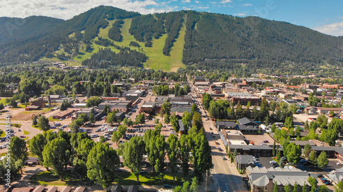Jackson Hole, Wyoming. Panoramic aerial view of town and landscape on a beautiful summer morning. photo