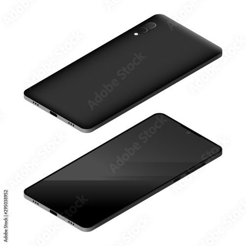 Set of isometric smartphones front and back side lying down.