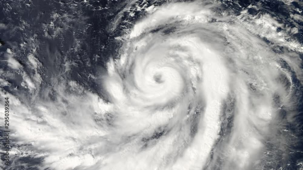 Tropical storm view from satellite in outer space. 3D animation made of image from NASA. Natural disaster, hurricane, cyclone and typhoon concept. Seamless loop video 4K