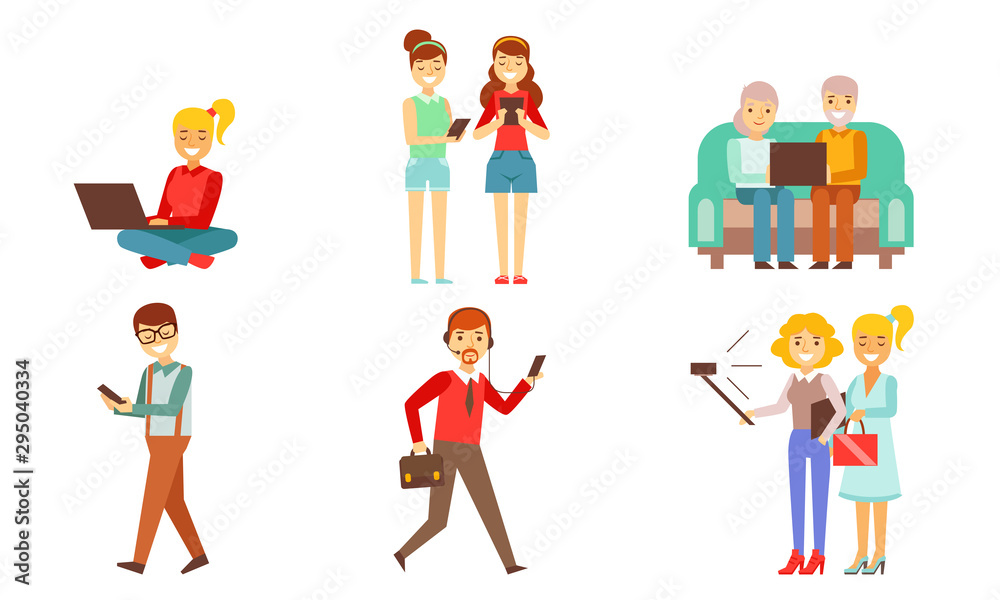 People Looking in Gadgets Screen Set, Men, Women and Kids Using Hi Tech Technologies, Smartphones and Laptops Vector Illustration People Looking in Gadgets Screen Set, Men, Women and Kids Using Hi Tech Technologies, Smartphones and Laptops Vector Illustration