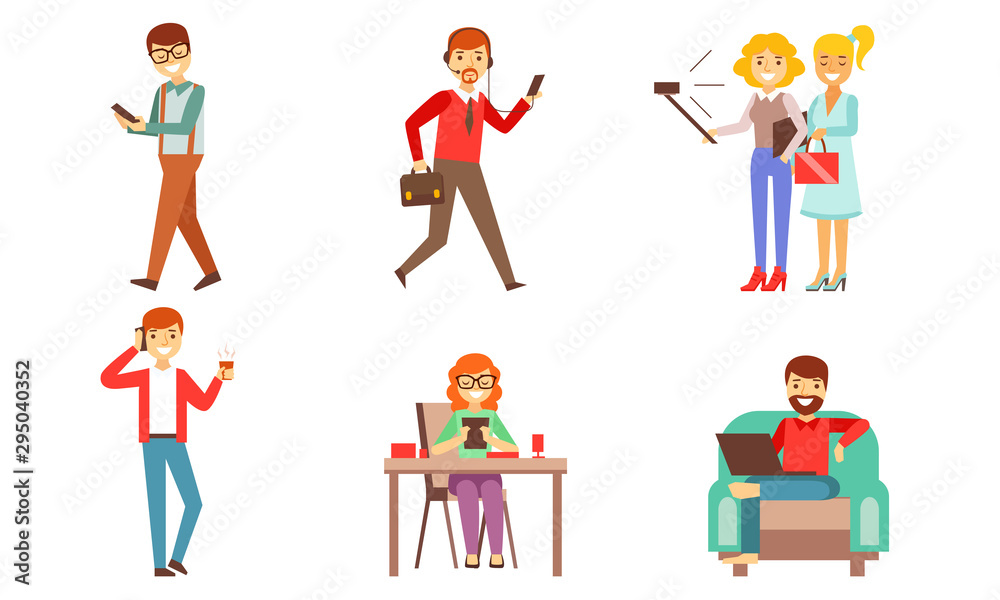 People Looking in Gadgets Screen Set, Men, Women and Kids Using Hi Tech Technologies, Smartphones, Laptop, Pad Vector Illustration People Looking in Gadgets Screen Set, Men, Women and Kids Using Hi Tech Technologies, Smartphones, Laptop, Pad Vector Illustration