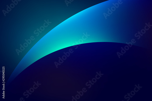 Abstract light blue green curve graphic on dark background, copy space composition.