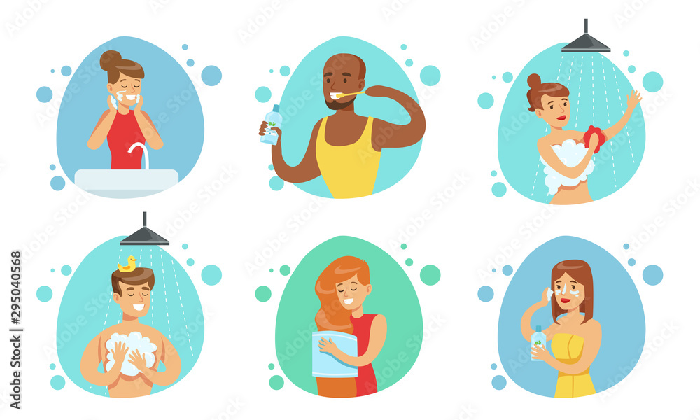 People Doing Bathroom Procedures Set, Morning Daily Routine Vector Illustration People Doing Bathroom Procedures Set, Morning Daily Routine Vector Illustration