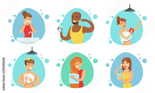 People Doing Bathroom Procedures Set, Morning Daily Routine Vector Illustration