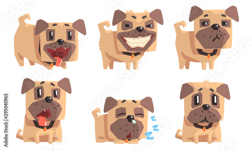 Cute Pug Dog with Various Emotions Set, Adorable Funny Animal Cartoon Character Vector Illustration