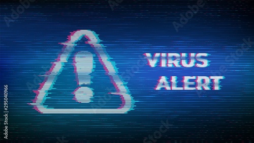 Virus Alert. Glitched Attention. Virus detected, alert alarm message in a distorted glitch style. Danger Symbol. Computer Hacked Error Concept. Hacking Piracy Risk Shield. Vector Illustration.