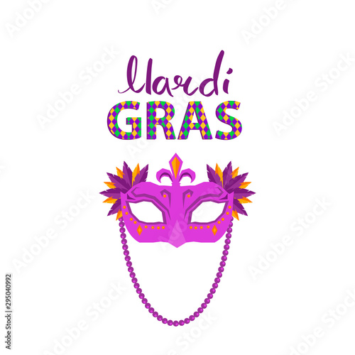 Fototapeta Naklejka Na Ścianę i Meble -  Mardi gras carnival concept with mask decorated colorful feathers flat vector isolated on white background. Masquerade clothing attribute illustration for costumed party or festival invitation, banner