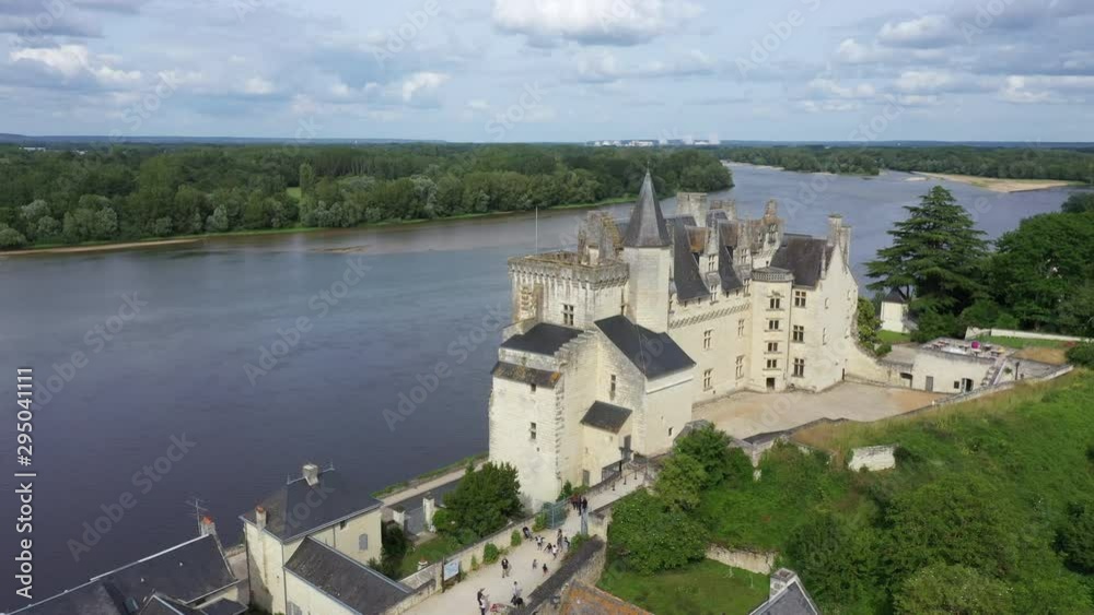 Aerial view of Castle of Montsoreau at the confluence of the Loire and Vienne rivers. Montsoreau (Labeled The Most Beautiful Villages of France), Maine-et-Loire, Aerial view of Castle of Montsoreau at the confluence of the Loire and Vienne rivers. Montsoreau (Labeled The Most Beautiful Villages of France), Maine-et-Loire,