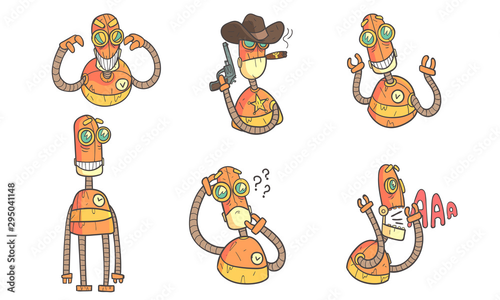 Fototapeta premium Vintage Robot Character Set, Steampunk Robotics, Innovation Technology Science Vector Illustration