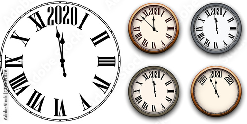 Set of round 2020 New Year clock isolated on white background.
